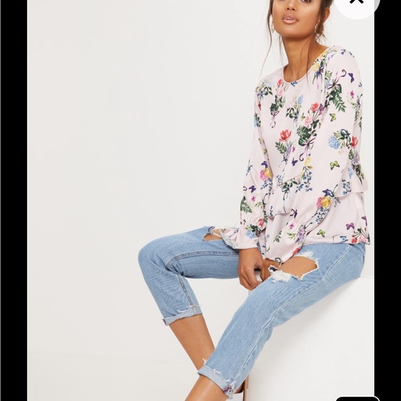 Pretty Little Thing Pale Pink Floral Butterfly Satin Peplum Blouse - Picture 3 of 9